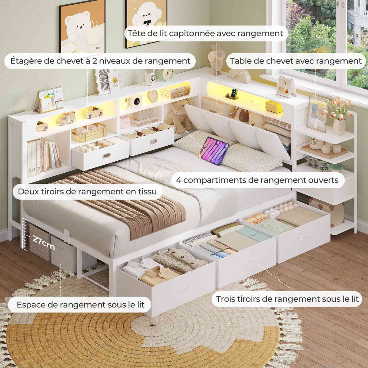 DICTAC Lit en L Banquette Lit 1 Place avec Tête de Lit Capitonnée Rangement Secret Table de Nuit Intégrée LED RGB  Recharge