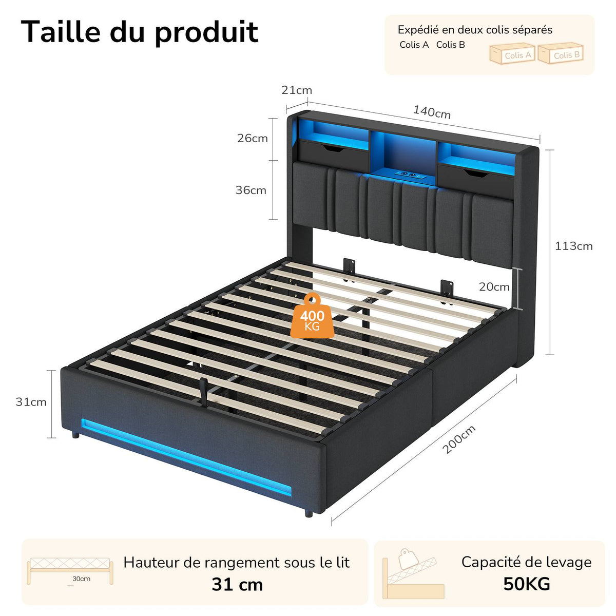 DICTAC Lit Coffre Entièrement Rembourré Gris avec Rangement Sommier Relevable à Vérin Tête de lit LED Prises USB Type C