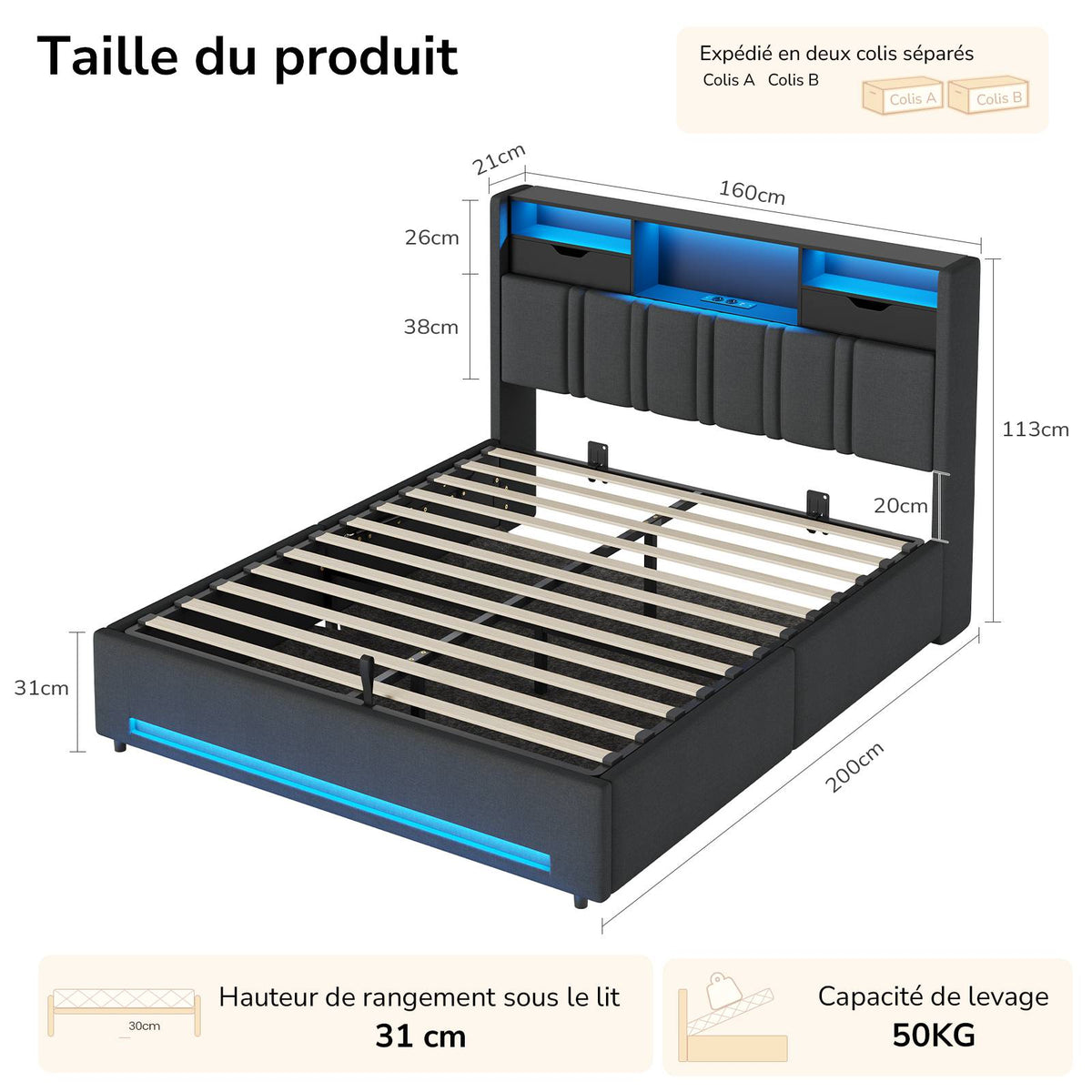 DICTAC Lit Coffre Entièrement Rembourré Gris avec Rangement Sommier Relevable à Vérin Tête de lit LED Prises USB Type C