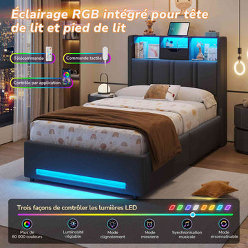 DICTAC Lit Coffre Entièrement Rembourré Gris avec Rangement Sommier Relevable à Vérin Tête de lit LED Prises USB Type C