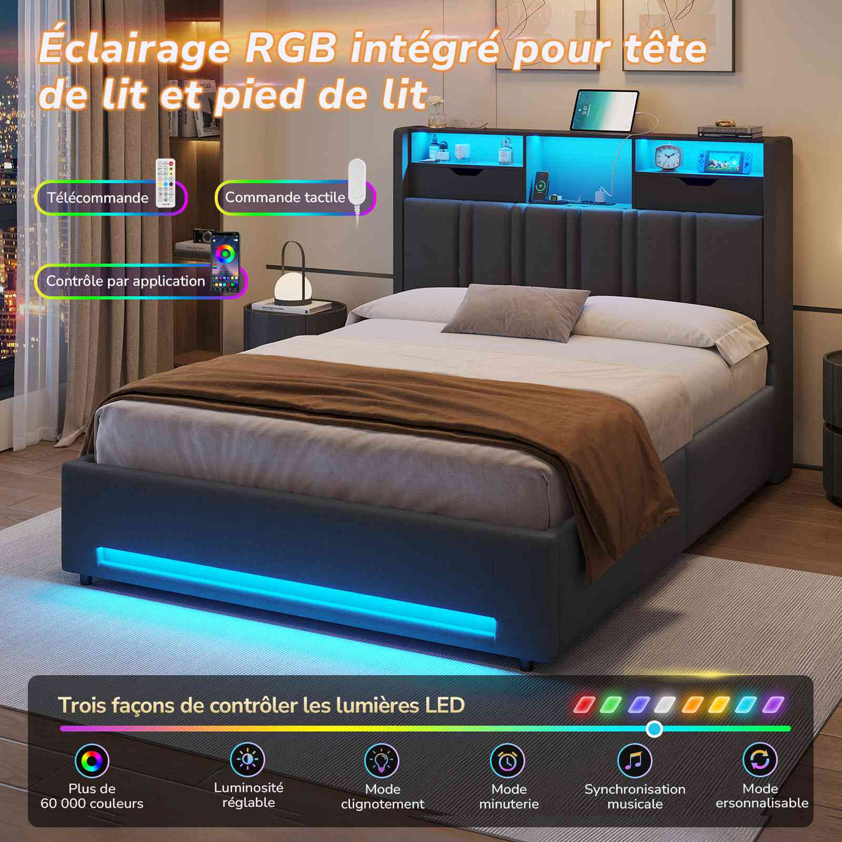 DICTAC Lit Coffre Entièrement Rembourré Gris avec Rangement Sommier Relevable à Vérin Tête de lit LED Prises USB Type C