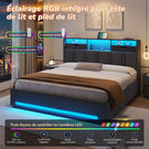 DICTAC Lit Coffre Entièrement Rembourré Gris avec Rangement Sommier Relevable à Vérin Tête de lit LED Prises USB Type C