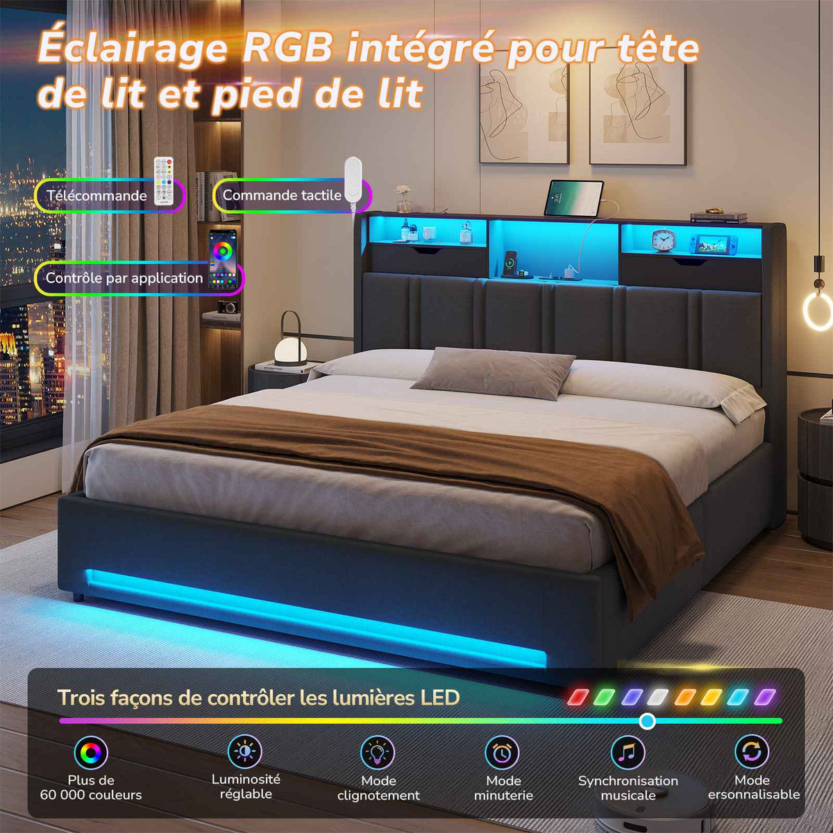 DICTAC Lit Coffre Entièrement Rembourré Gris avec Rangement Sommier Relevable à Vérin Tête de lit LED Prises USB Type C