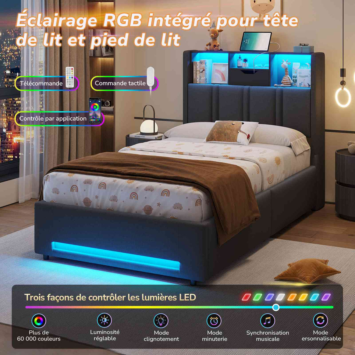 DICTAC Lit Coffre Entièrement Rembourré Gris avec Rangement Sommier Relevable à Vérin Tête de lit LED Prises USB Type C