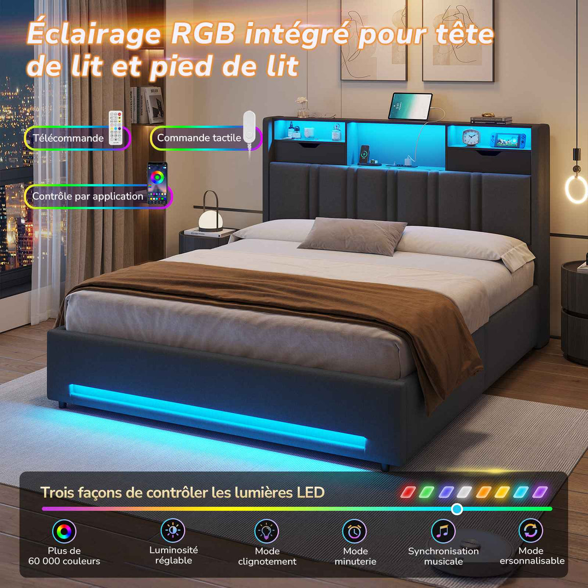 DICTAC Lit Coffre Entièrement Rembourré Gris avec Rangement Sommier Relevable à Vérin Tête de lit LED Prises USB Type C