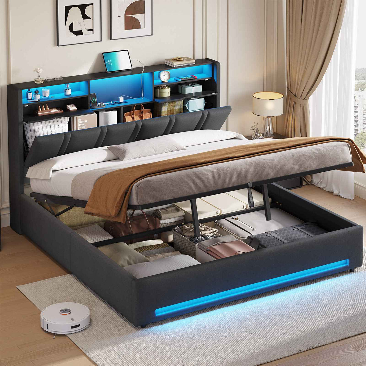 DICTAC Lit Coffre Entièrement Rembourré Gris avec Rangement Sommier Relevable à Vérin Tête de lit LED Prises USB Type C
