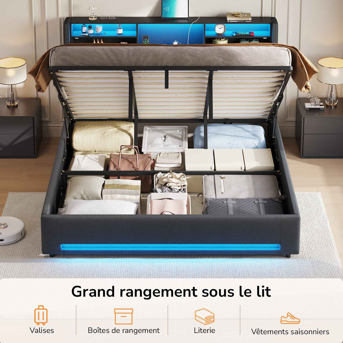 DICTAC Lit Coffre Entièrement Rembourré Gris avec Rangement Sommier Relevable à Vérin Tête de lit LED Prises USB Type C
