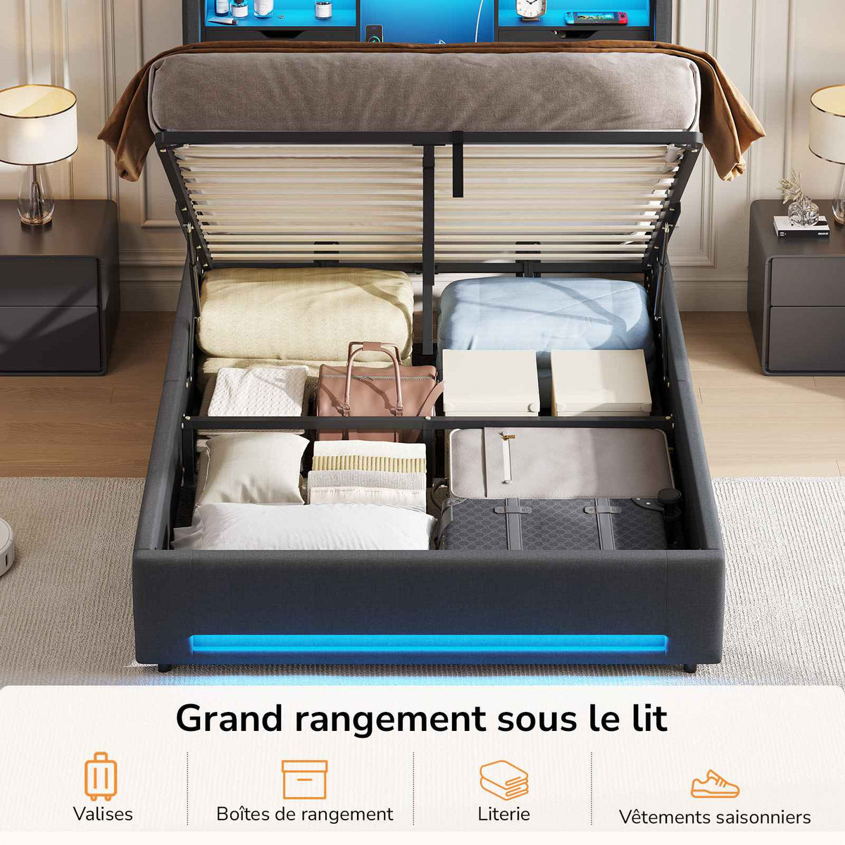 DICTAC Lit Coffre Entièrement Rembourré Gris avec Rangement Sommier Relevable à Vérin Tête de lit LED Prises USB Type C