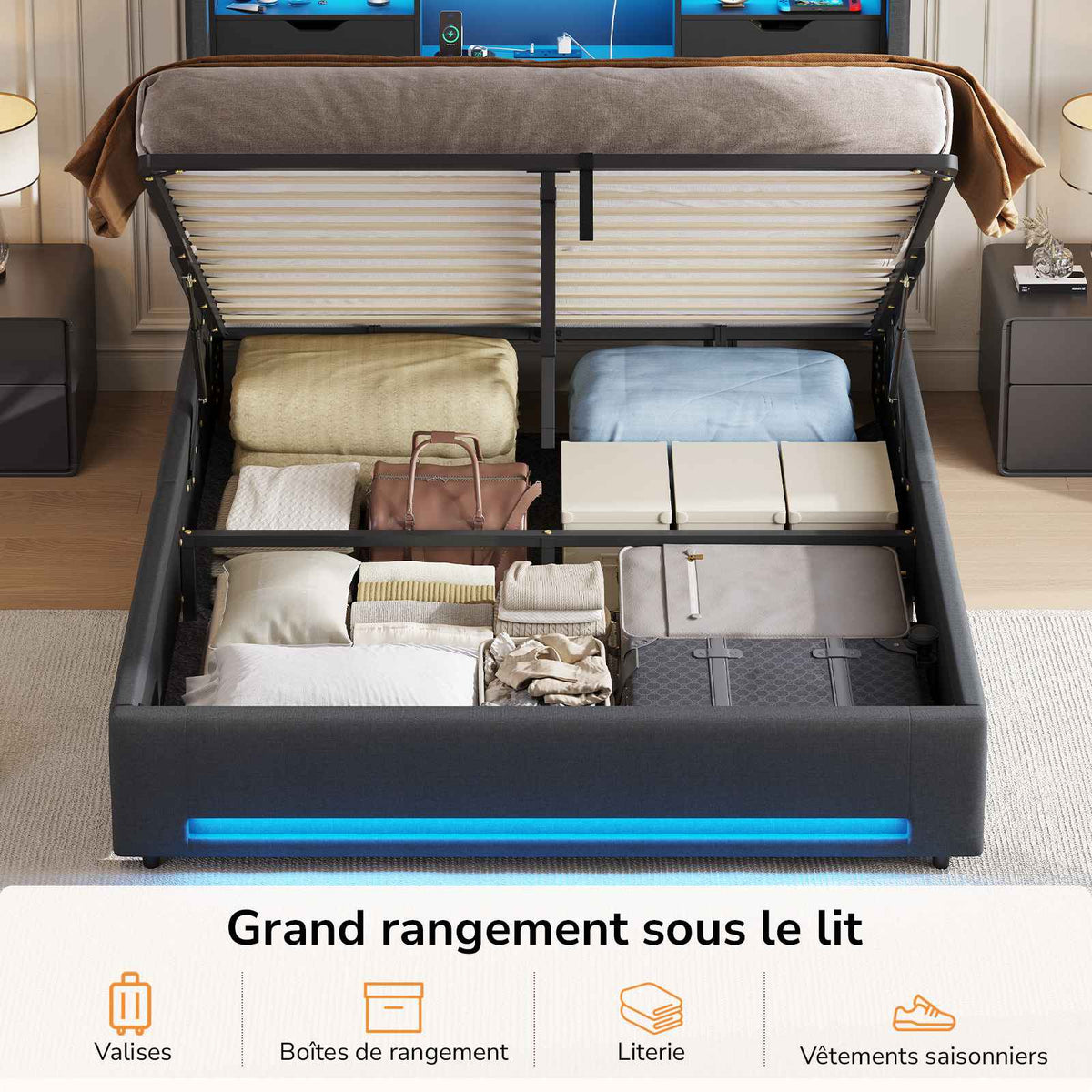 DICTAC Lit Coffre Entièrement Rembourré Gris avec Rangement Sommier Relevable à Vérin Tête de lit LED Prises USB Type C