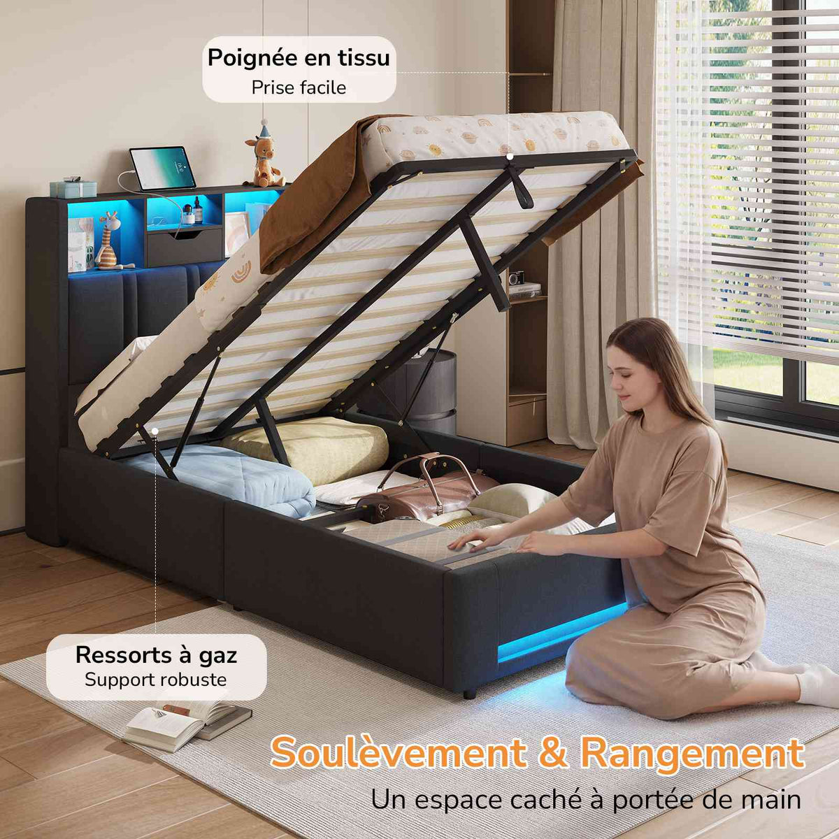 DICTAC Lit Coffre Entièrement Rembourré Gris avec Rangement Sommier Relevable à Vérin Tête de lit LED Prises USB Type C