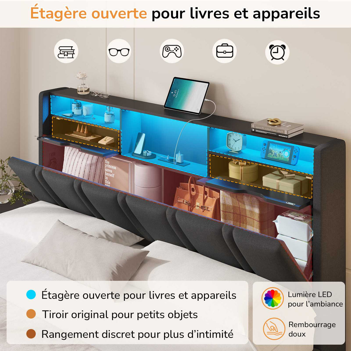 DICTAC Lit Coffre Entièrement Rembourré Gris avec Rangement Sommier Relevable à Vérin Tête de lit LED Prises USB Type C