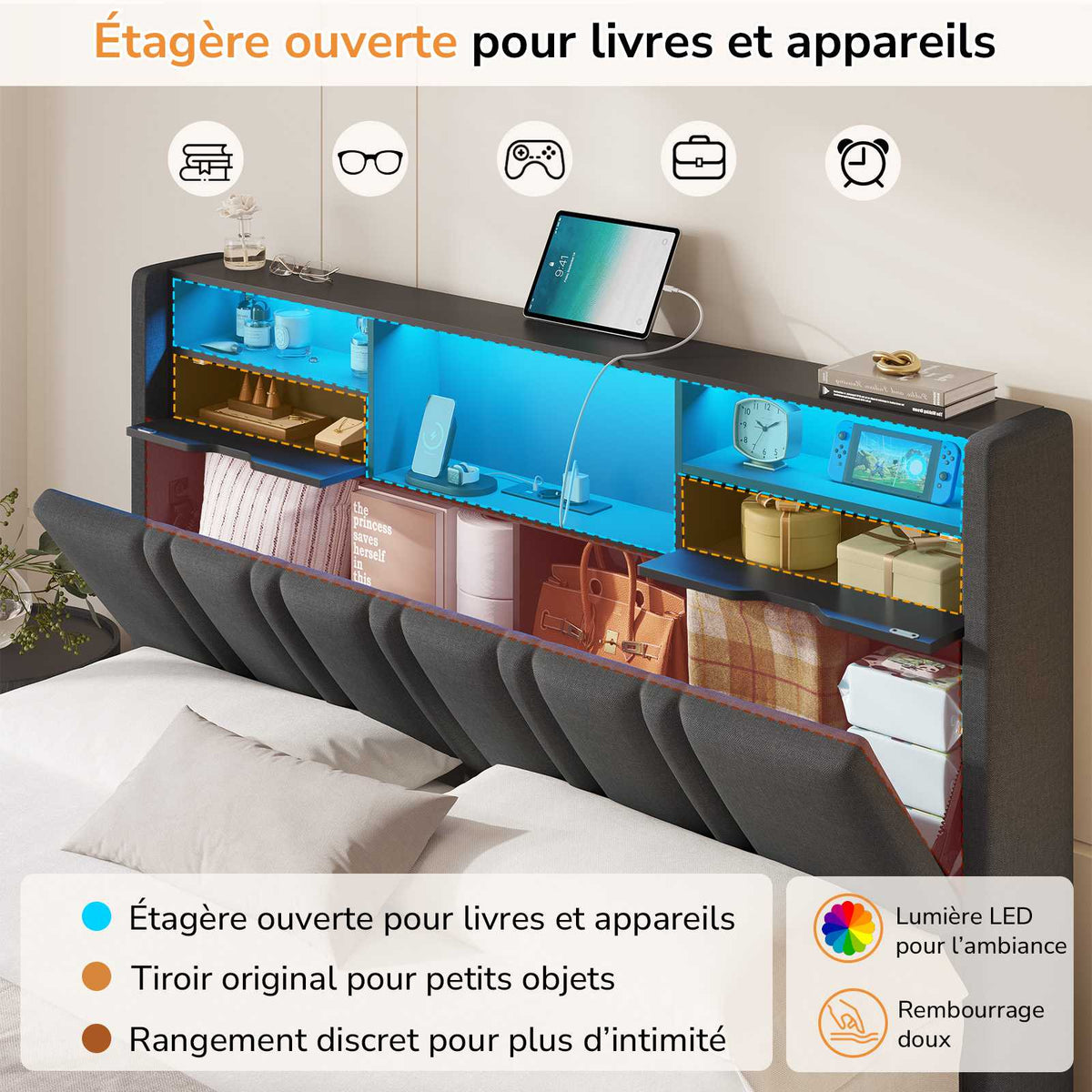 DICTAC Lit Coffre Entièrement Rembourré Gris avec Rangement Sommier Relevable à Vérin Tête de lit LED Prises USB Type C