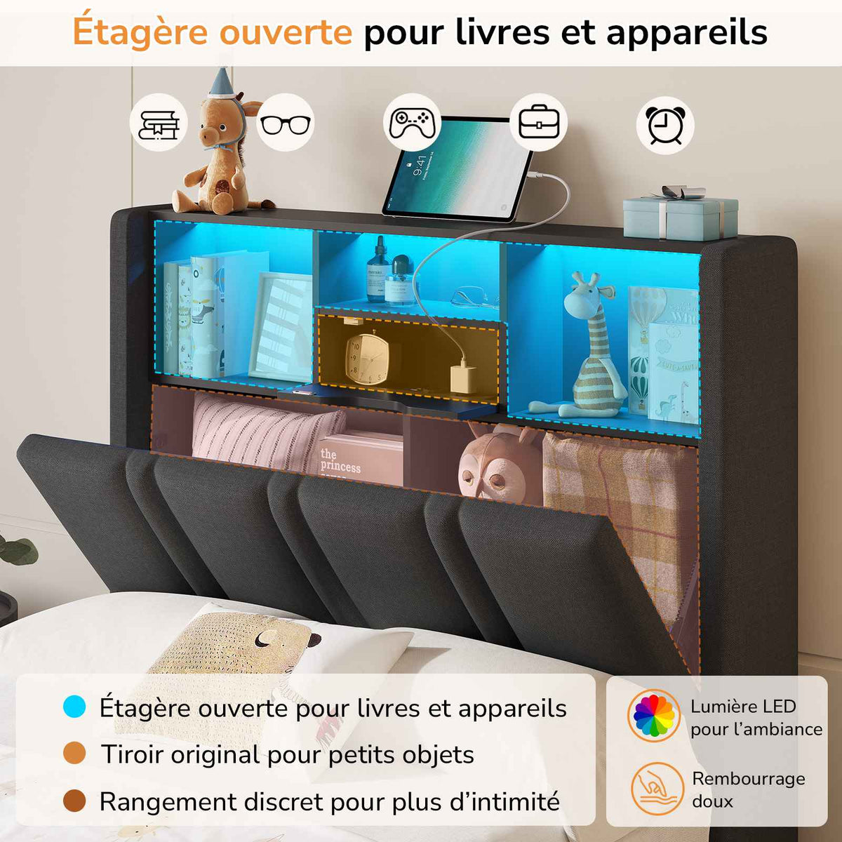 DICTAC Lit Coffre Entièrement Rembourré Gris avec Rangement Sommier Relevable à Vérin Tête de lit LED Prises USB Type C
