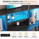 DICTAC Lit Coffre Entièrement Rembourré Gris avec Rangement Sommier Relevable à Vérin Tête de lit LED Prises USB Type C