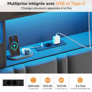 DICTAC Lit Coffre Entièrement Rembourré Gris avec Rangement Sommier Relevable à Vérin Tête de lit LED Prises USB Type C
