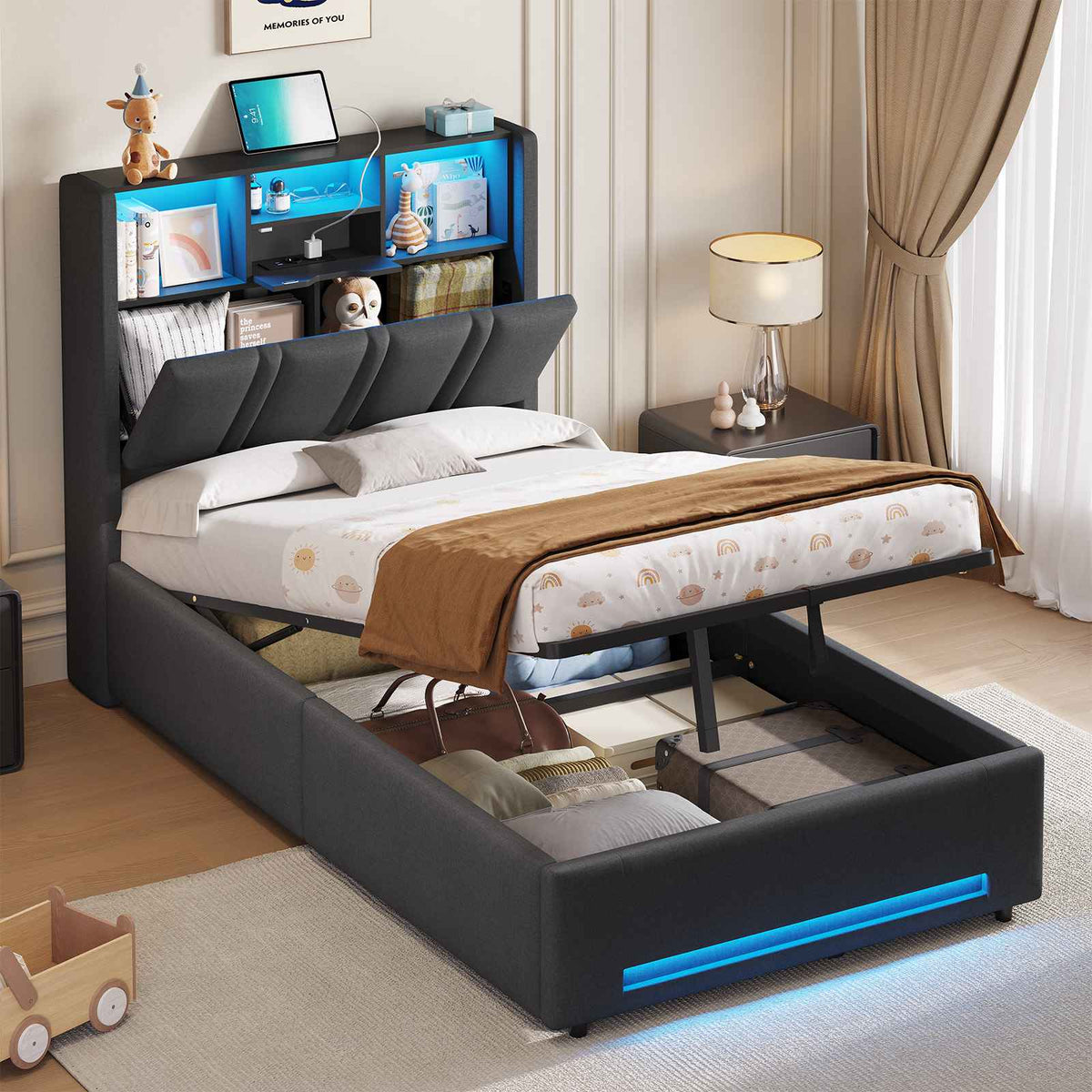 DICTAC Lit Coffre Entièrement Rembourré Gris avec Rangement Sommier Relevable à Vérin Tête de lit LED Prises USB Type C