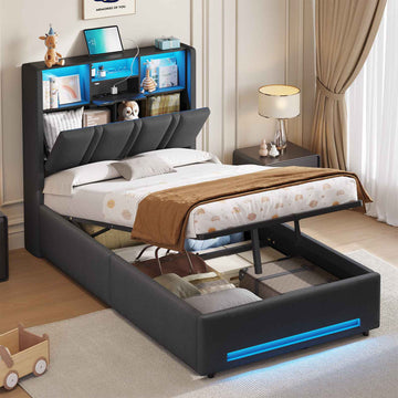 DICTAC Lit Coffre Entièrement Rembourré Gris avec Rangement Sommier Relevable à Vérin Tête de lit LED Prises USB Type C