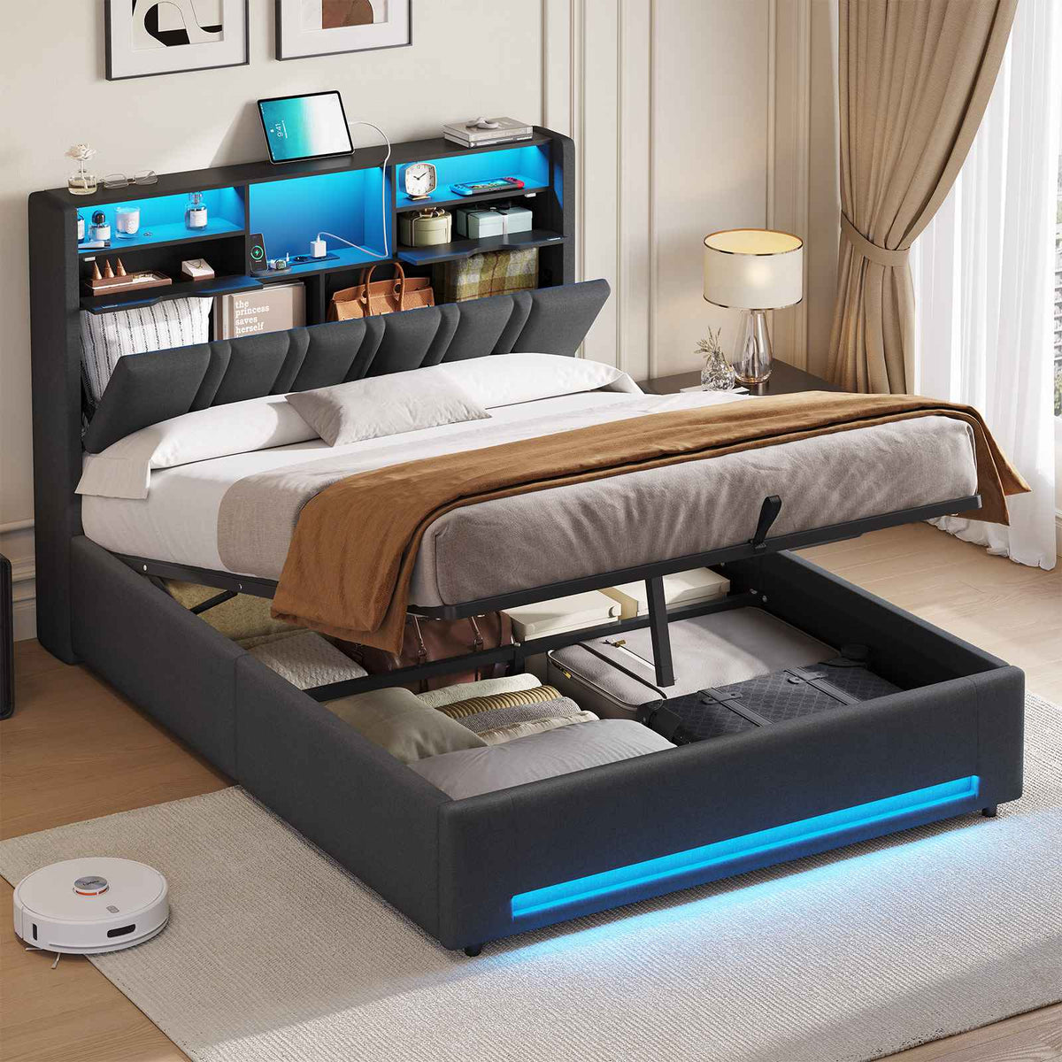 DICTAC Lit Coffre Entièrement Rembourré Gris avec Rangement Sommier Relevable à Vérin Tête de lit LED Prises USB Type C