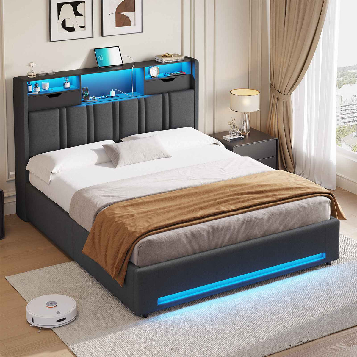 DICTAC Lit Coffre Entièrement Rembourré Gris avec Rangement Sommier Relevable à Vérin Tête de lit LED Prises USB Type C