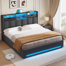 DICTAC Lit Coffre Entièrement Rembourré Gris avec Rangement Sommier Relevable à Vérin Tête de lit LED Prises USB Type C