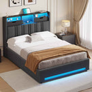 DICTAC Lit Coffre Entièrement Rembourré Gris avec Rangement Sommier Relevable à Vérin Tête de lit LED Prises USB Type C