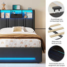 DICTAC Lit Coffre Entièrement Rembourré Gris avec Rangement Sommier Relevable à Vérin Tête de lit LED Prises USB Type C