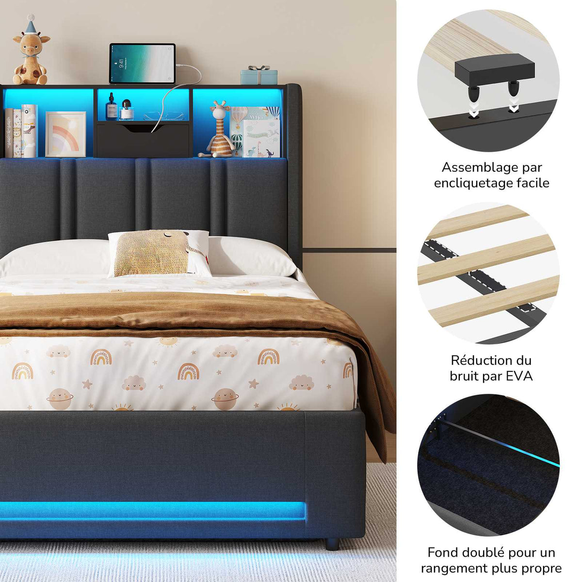 DICTAC Lit Coffre Entièrement Rembourré Gris avec Rangement Sommier Relevable à Vérin Tête de lit LED Prises USB Type C