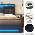 DICTAC Lit Coffre Entièrement Rembourré Gris avec Rangement Sommier Relevable à Vérin Tête de lit LED Prises USB Type C