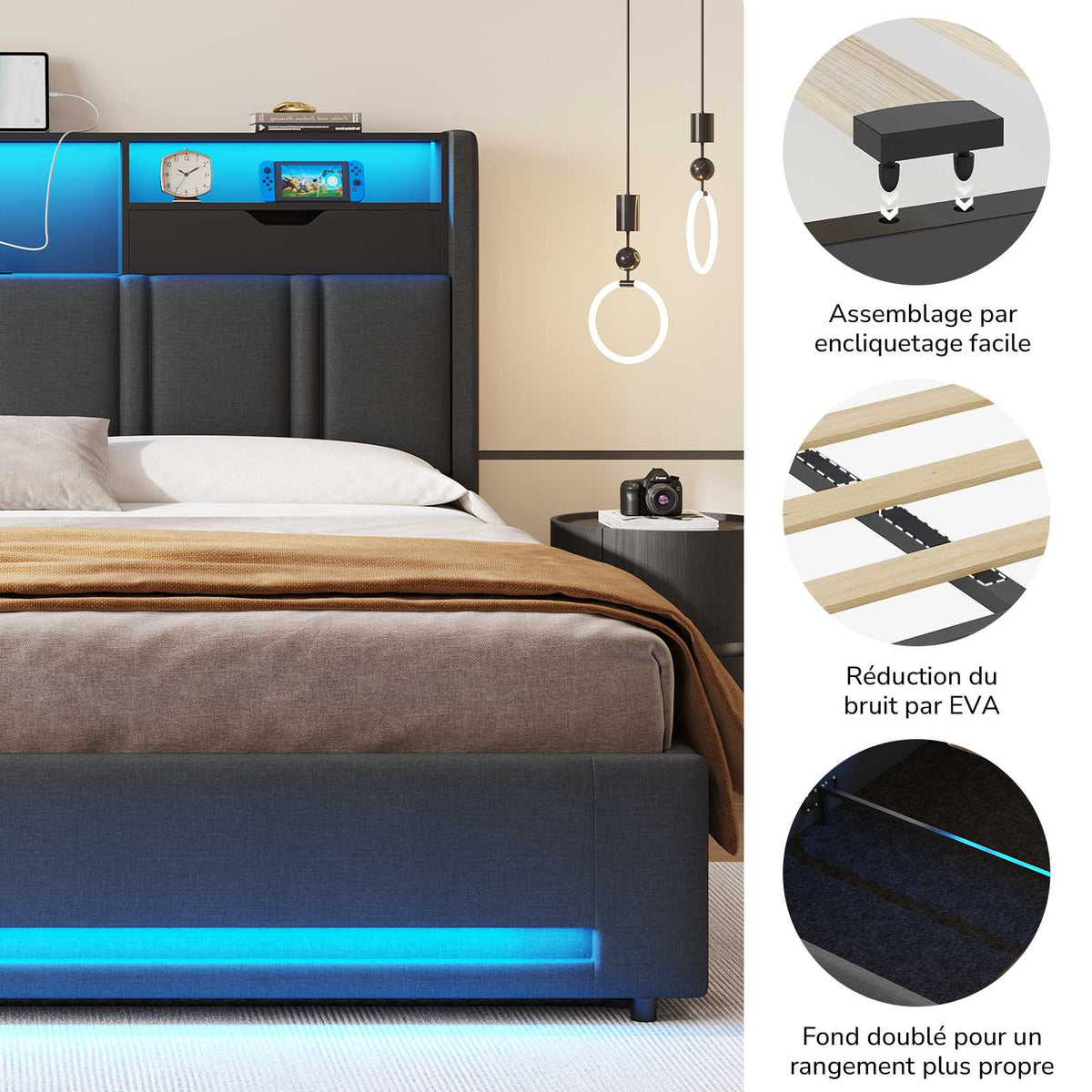 DICTAC Lit Coffre Entièrement Rembourré Gris avec Rangement Sommier Relevable à Vérin Tête de lit LED Prises USB Type C