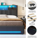 DICTAC Lit Coffre Entièrement Rembourré Gris avec Rangement Sommier Relevable à Vérin Tête de lit LED Prises USB Type C