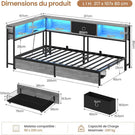 DICTAC Canapé Lit avec éclairage LED et Prise Lits avec sommier en Métal lit Banquette avec 5 Compartiments Rangement