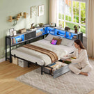 DICTAC Canapé Lit avec éclairage LED et Prise Lits avec sommier en Métal lit Banquette avec 5 Compartiments Rangement