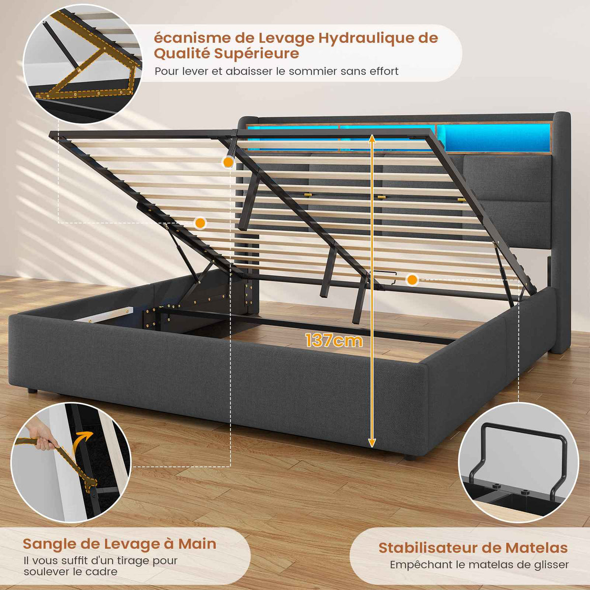 DICTAC Lit Coffre avec Sommier Lumières LED et Prise Cadre de Lit avec Rangement lit 2 Personnes avec Tete de Lits