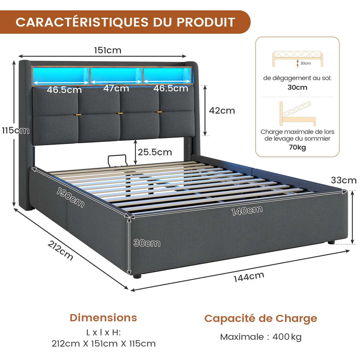 DICTAC Lit Coffre avec Sommier Lumières LED et Prise Cadre de Lit avec Rangement lit 2 Personnes avec Tete de Lits