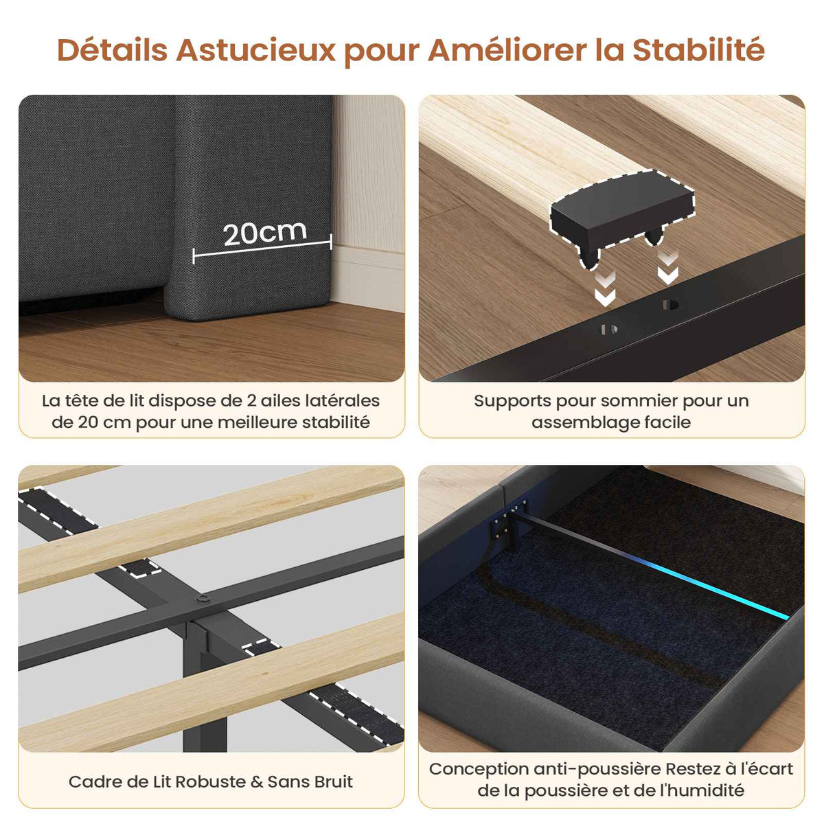 DICTAC Lit Coffre avec Sommier Lumières LED et Prise Cadre de Lit avec Rangement lit 2 Personnes avec Tete de Lits