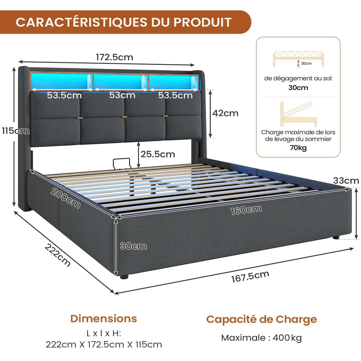 DICTAC Lit Coffre avec Sommier Lumières LED et Prise Cadre de Lit avec Rangement lit 2 Personnes avec Tete de Lits