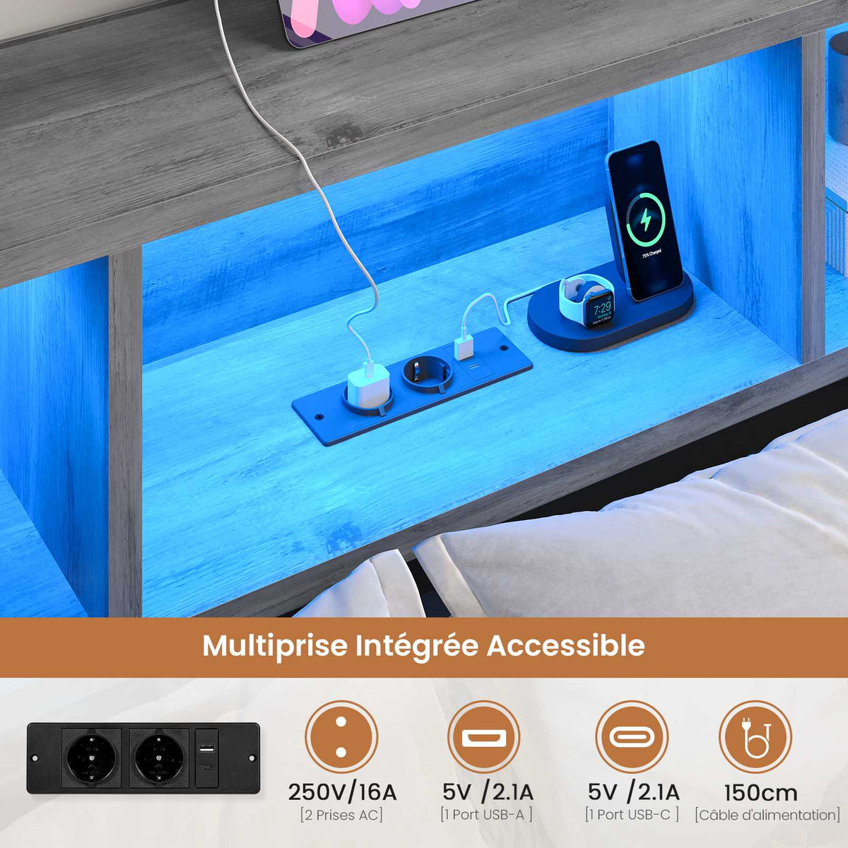 DICTAC Canapé Lit avec éclairage LED et Prise Lits avec sommier en Métal lit Banquette avec 5 Compartiments Rangement