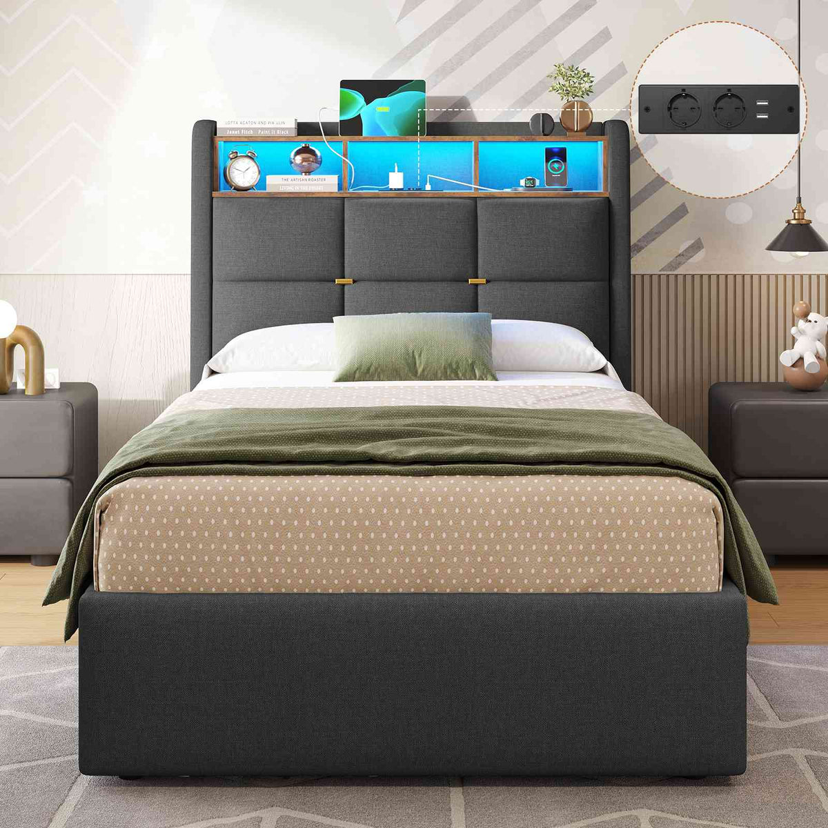DICTAC Lit Coffre avec Sommier Lumières LED et Prise Cadre de Lit avec Rangement lit 2 Personnes avec Tete de Lits