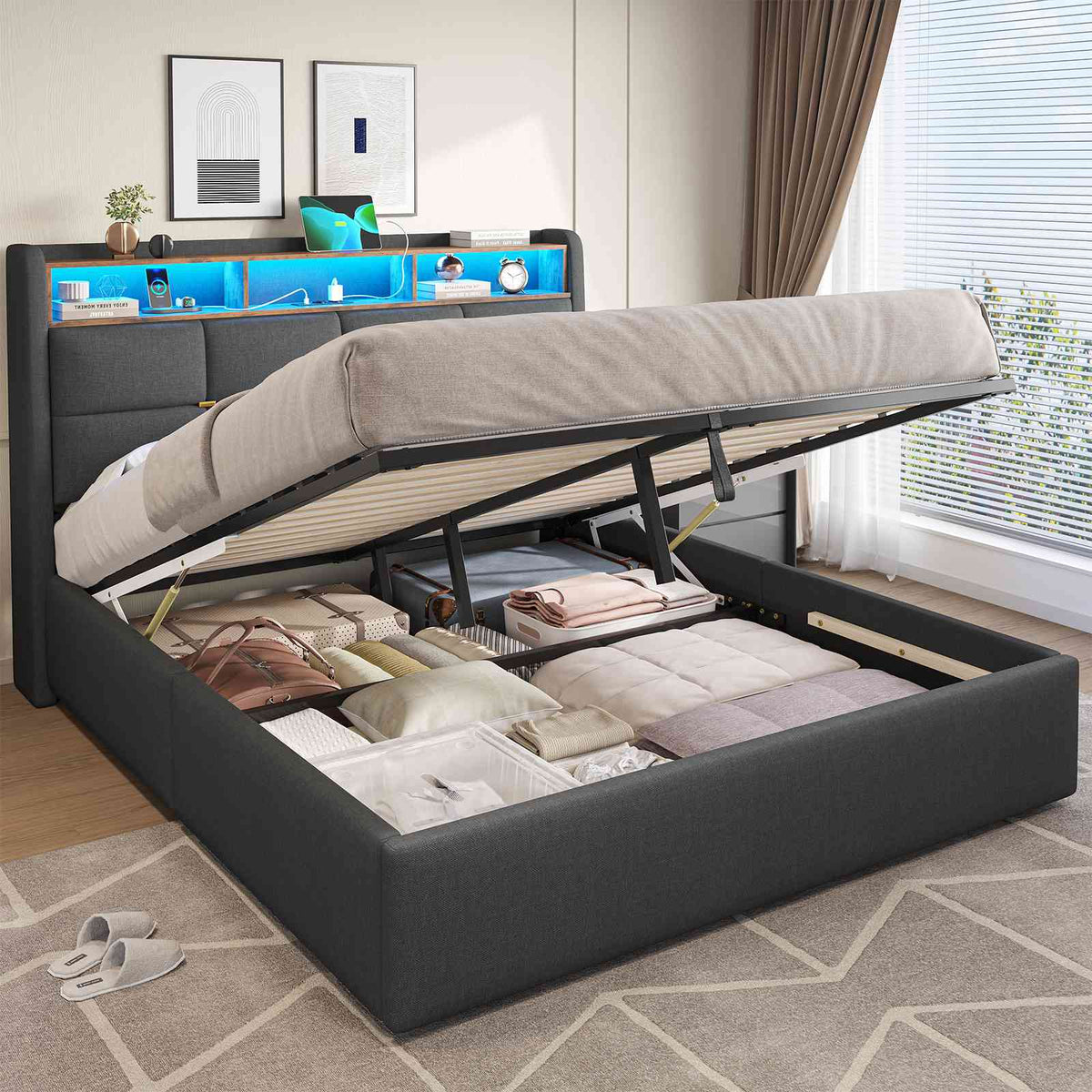 DICTAC Lit Coffre avec Sommier Lumières LED et Prise Cadre de Lit avec Rangement lit 2 Personnes avec Tete de Lits