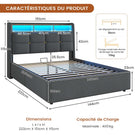 DICTAC Lit Coffre avec Sommier Lumières LED et Prise Cadre de Lit avec Rangement lit 2 Personnes avec Tete de Lits