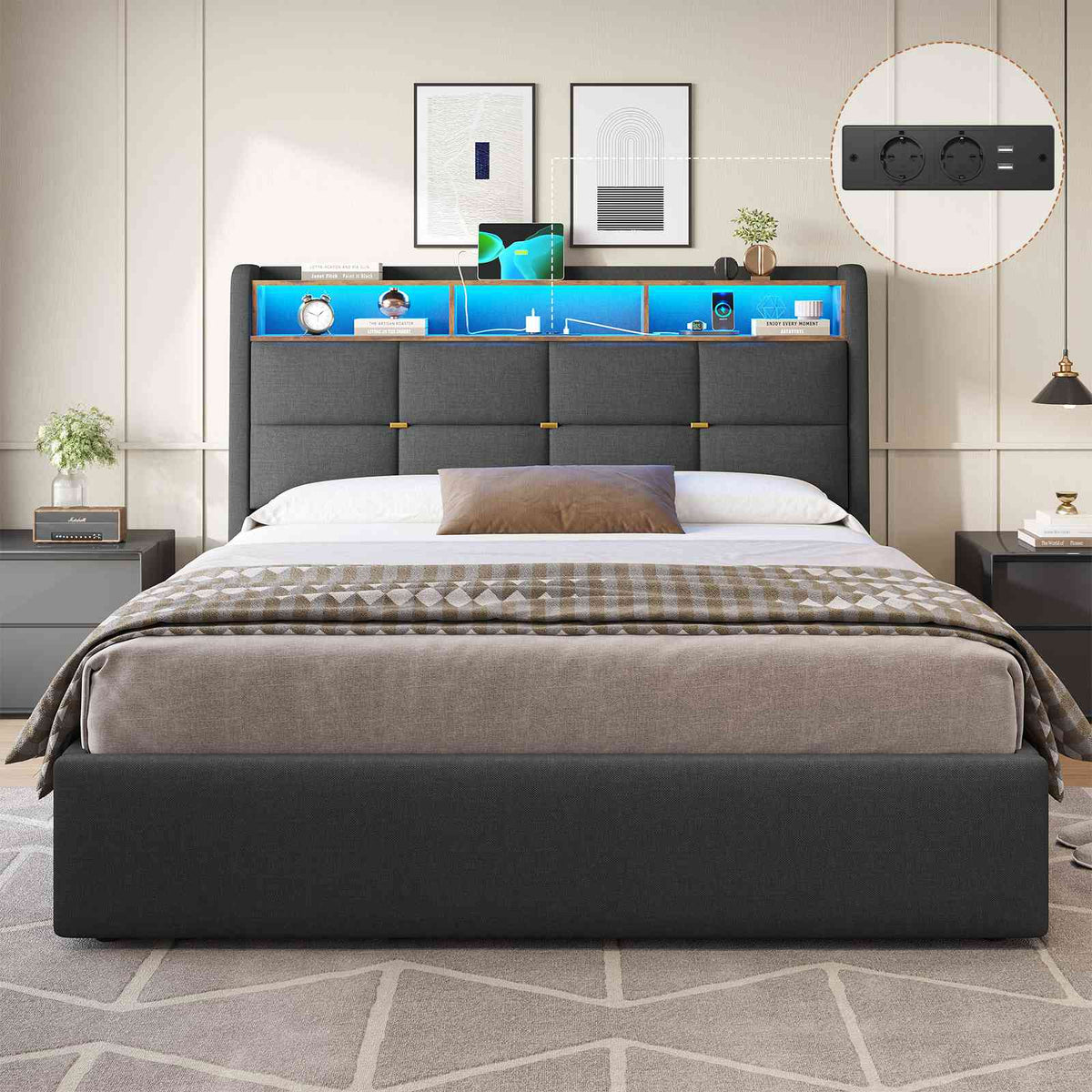 DICTAC Lit Coffre avec Sommier Lumières LED et Prise Cadre de Lit avec Rangement lit 2 Personnes avec Tete de Lits