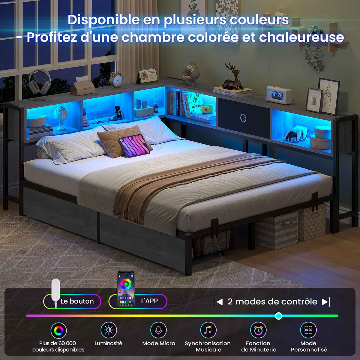 DICTAC Canapé Lit avec éclairage LED et Prise Lits avec sommier en Métal lit Banquette avec 5 Compartiments Rangement