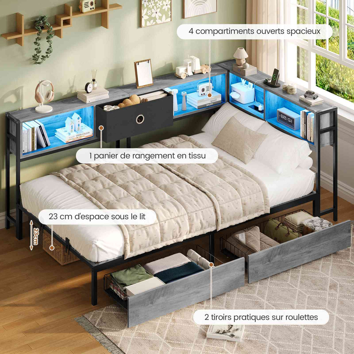 DICTAC Canapé Lit avec éclairage LED et Prise Lits avec sommier en Métal lit Banquette avec 5 Compartiments Rangement