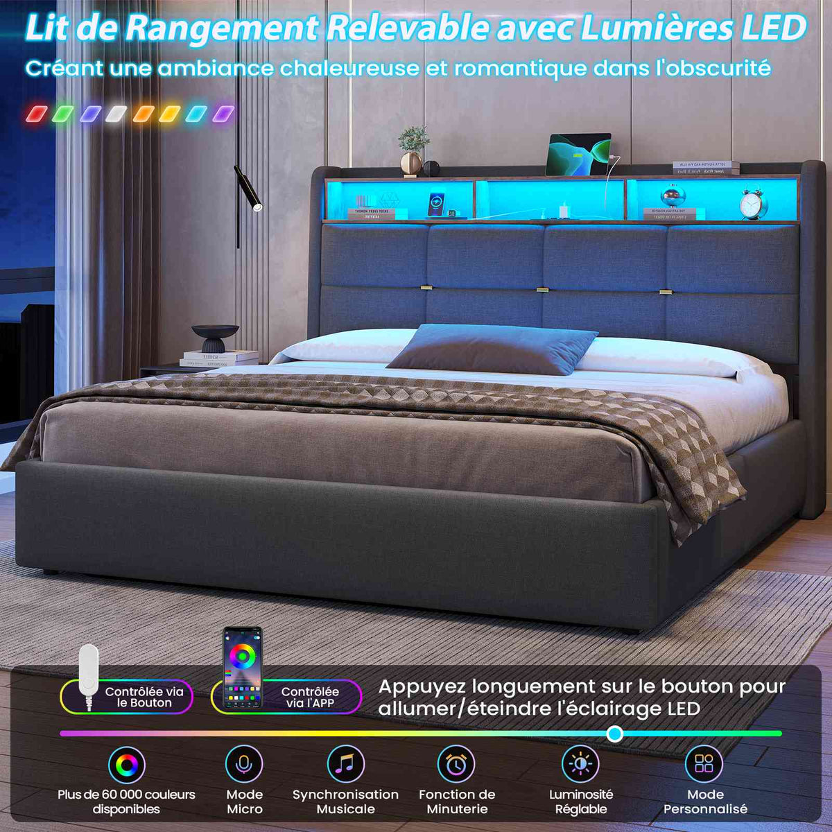 DICTAC Lit Coffre avec Sommier Lumières LED et Prise Cadre de Lit avec Rangement lit 2 Personnes avec Tete de Lits