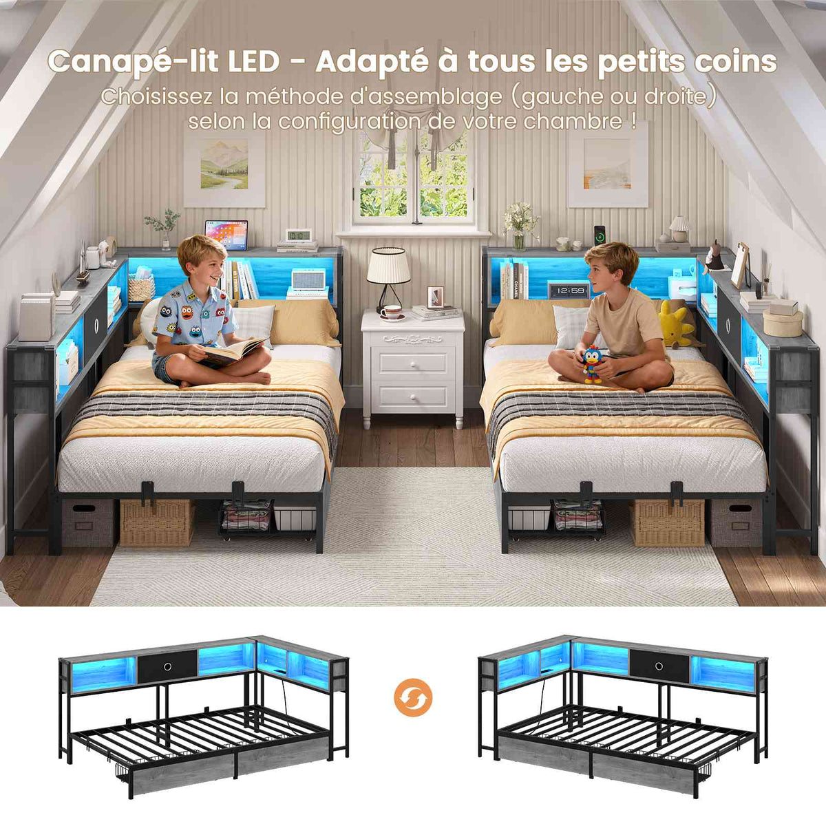 DICTAC Canapé Lit avec éclairage LED et Prise Lits avec sommier en Métal lit Banquette avec 5 Compartiments Rangement
