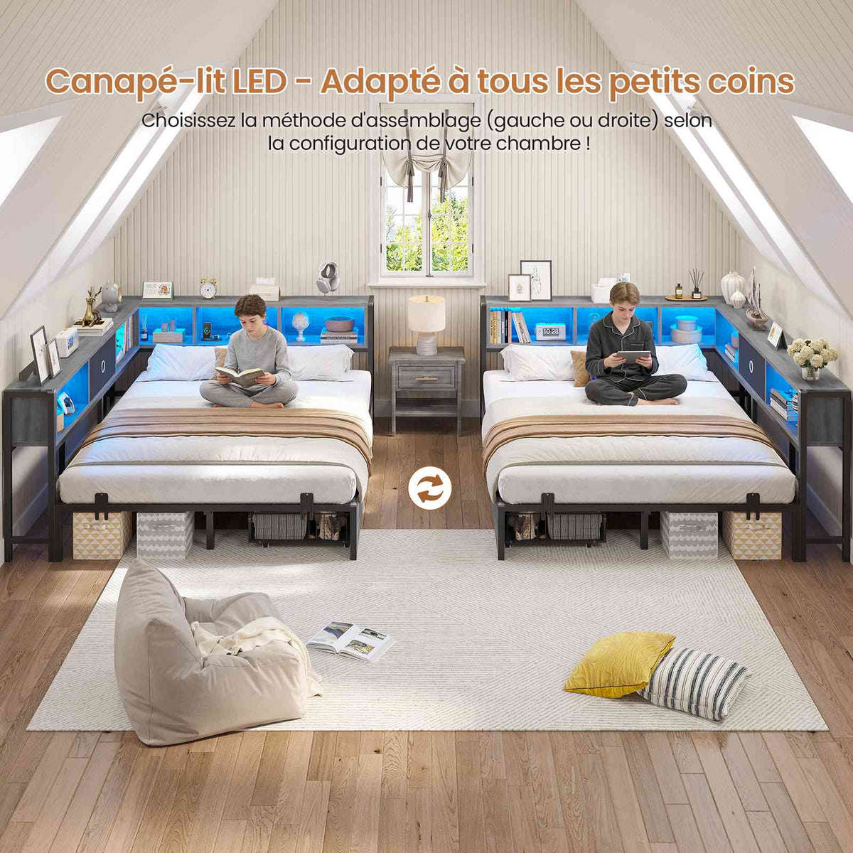DICTAC Canapé Lit avec éclairage LED et Prise Lits avec sommier en Métal lit Banquette avec 5 Compartiments Rangement
