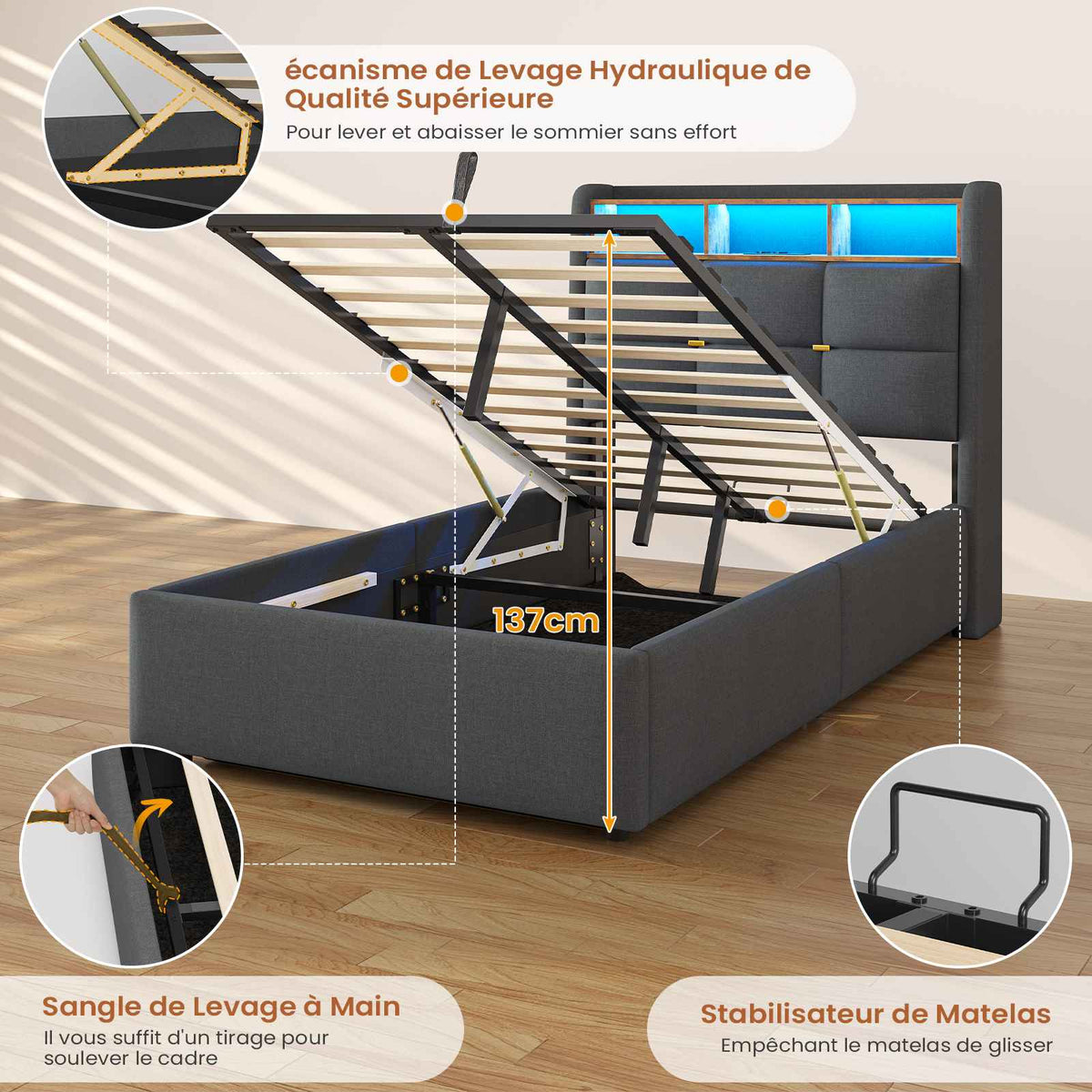 DICTAC Lit Coffre avec Sommier Lumières LED et Prise Cadre de Lit avec Rangement lit 2 Personnes avec Tete de Lits