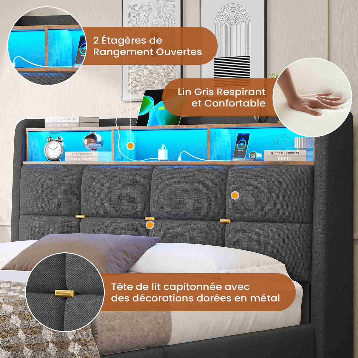 DICTAC Lit Coffre avec Sommier Lumières LED et Prise Cadre de Lit avec Rangement lit 2 Personnes avec Tete de Lits