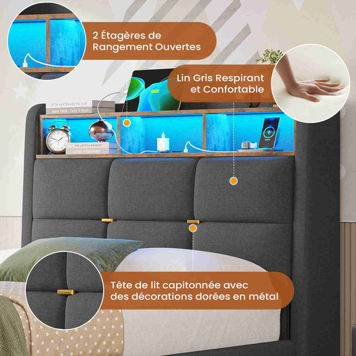 DICTAC Lit Coffre avec Sommier Lumières LED et Prise Cadre de Lit avec Rangement lit 2 Personnes avec Tete de Lits