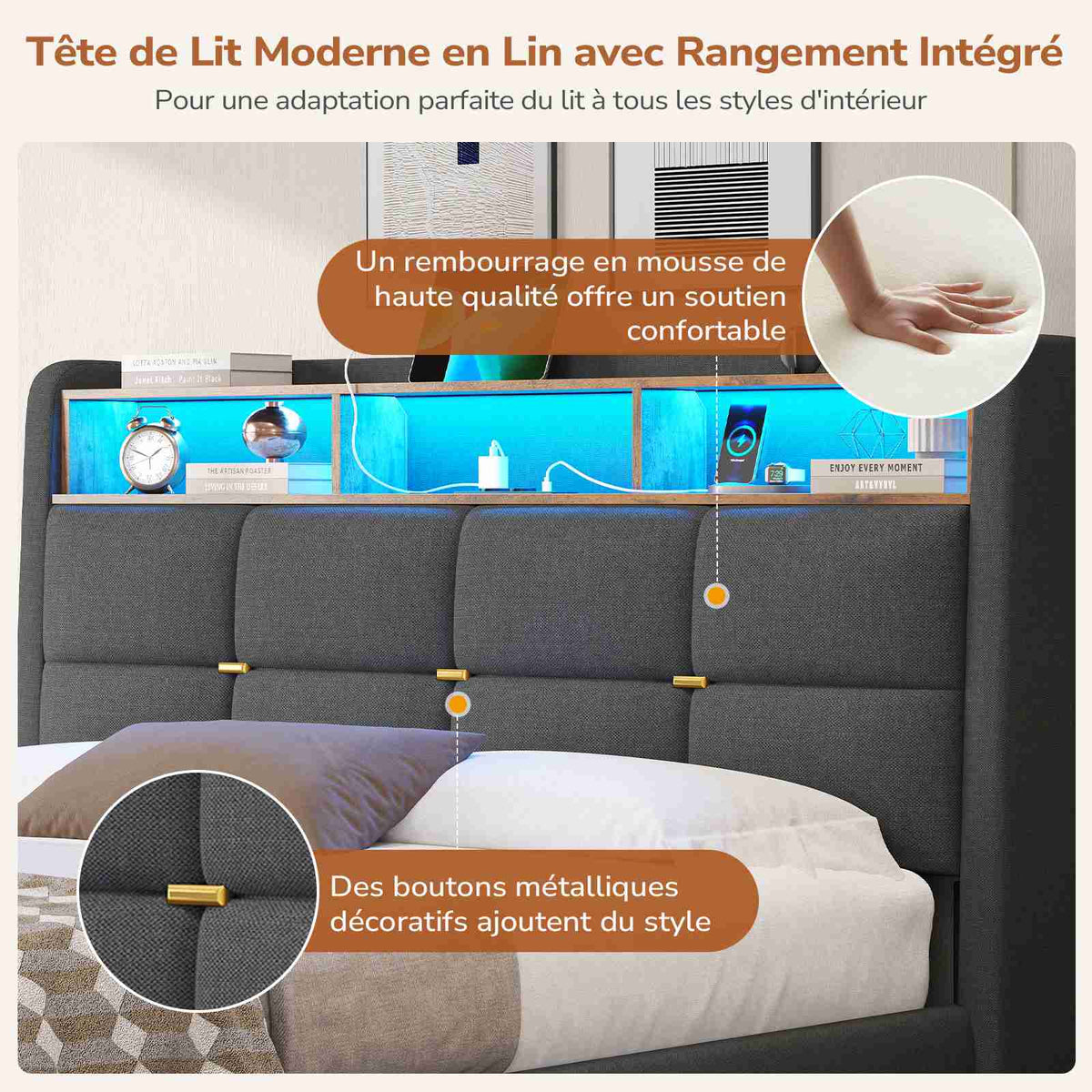 DICTAC Lit Coffre avec Sommier Lumières LED et Prise Cadre de Lit avec Rangement lit 2 Personnes avec Tete de Lits